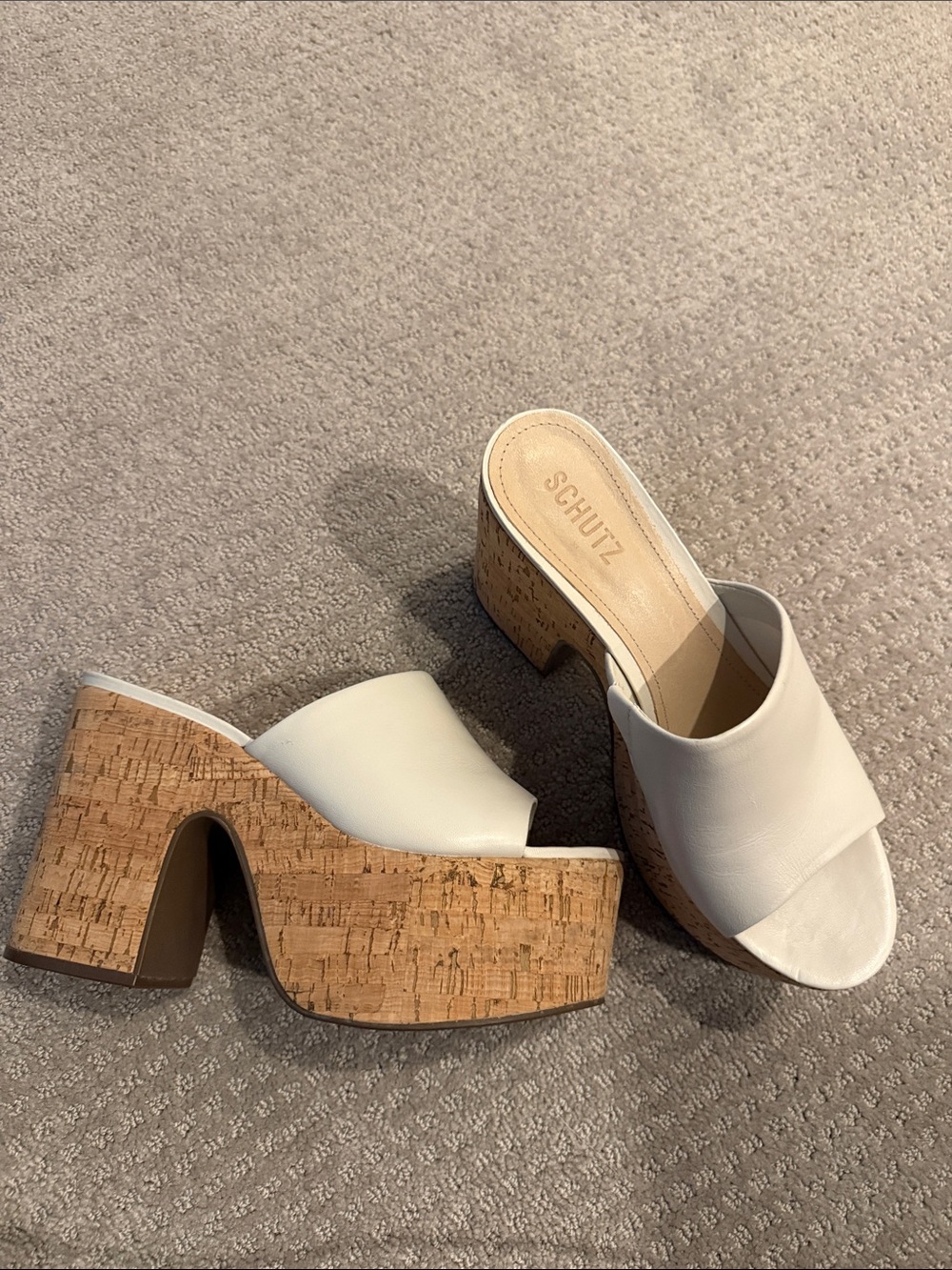 SCHUTZ White Cork Platform Mule Heels